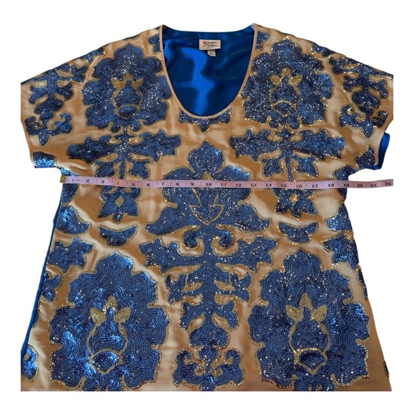 Tracy Reese Mixed Media Cap Sleeve Sequin Sheer Overlay Blue Tan Size M Neiman - Picture 8 of 14